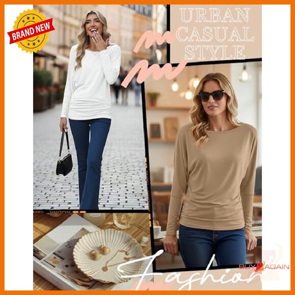 Long Sleeve Dolman Tops 3 Pack, Flowy Bat Wing Tees, Polyester Cotton Blend - Picture 3 of 7